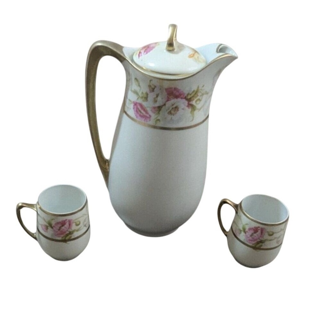 Bavaria Vintage Porcelain Chocolate Pot Set Pink Roses Gold Trim Pitcher 2 Cups